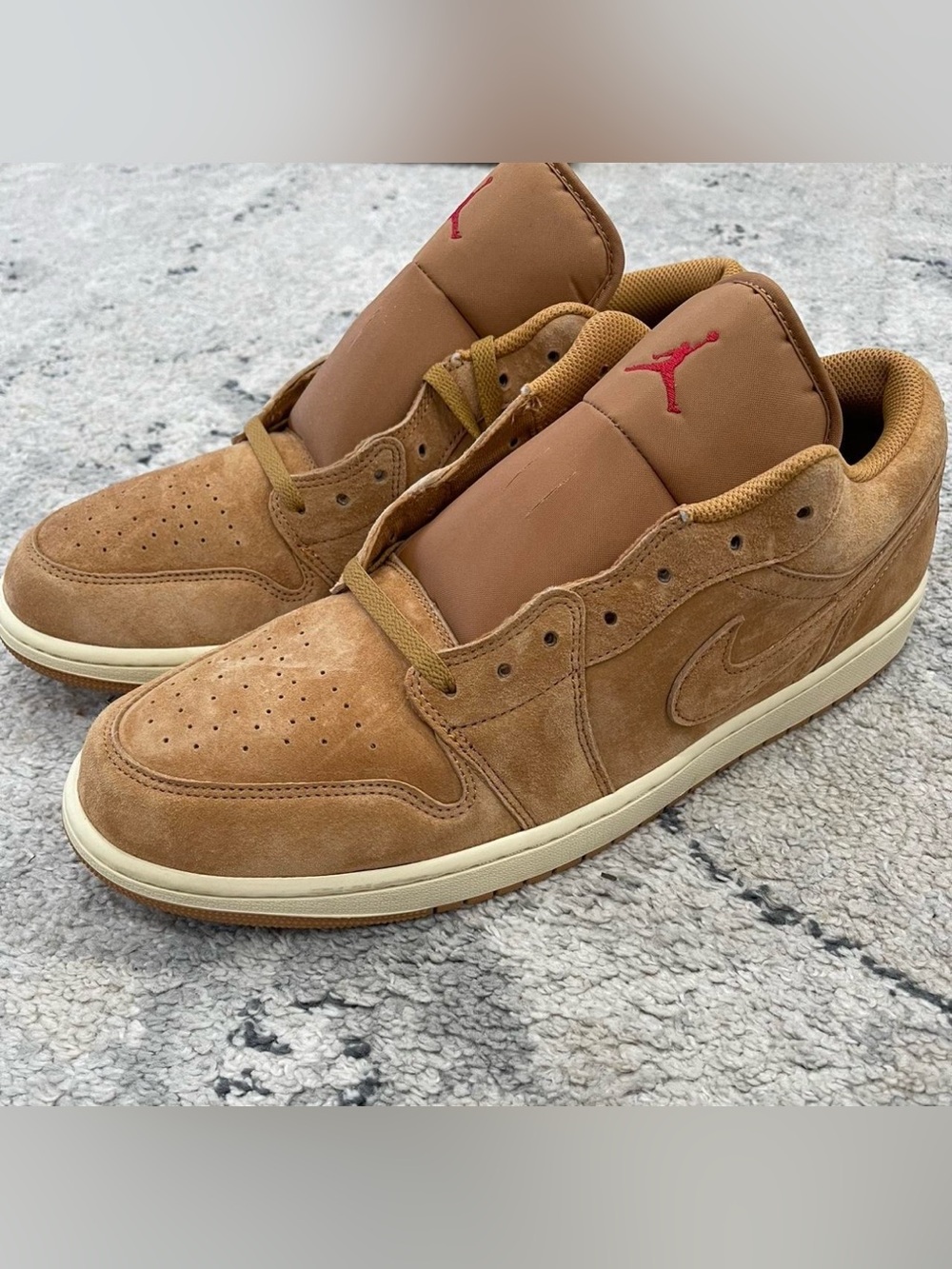 Jordan 1 Low-Top Sneakers in Tan Suede with Red Jumpman